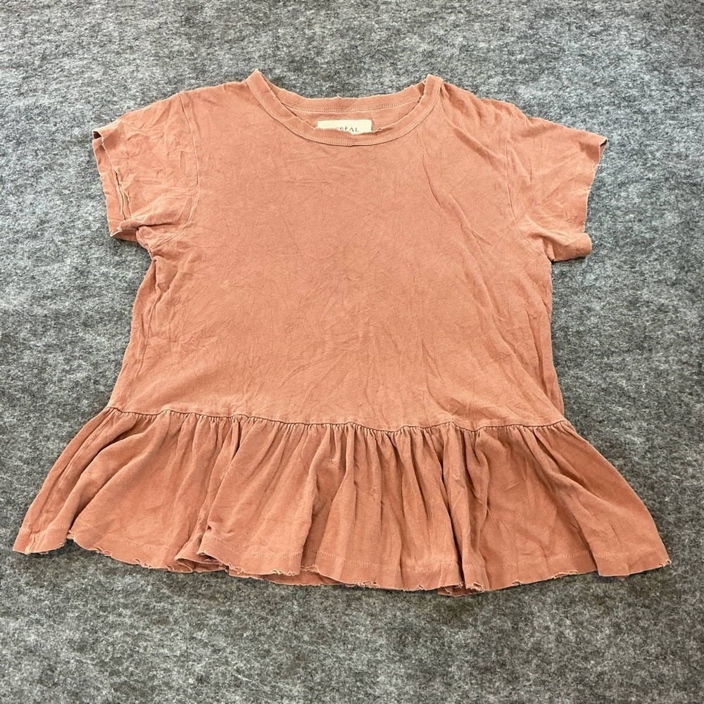 The Great Cotton Distressed Mauve Classic Boho Peplum Cropped Ruffle Tee